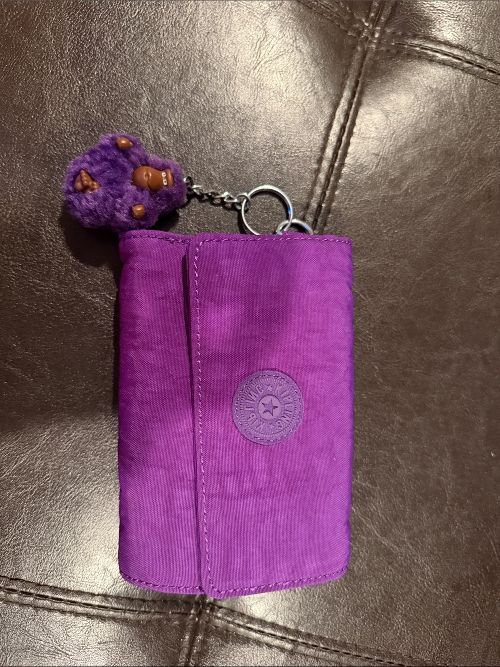 Kipling Purple Trifold Wallet with Fuzzy Monkey Key Charm